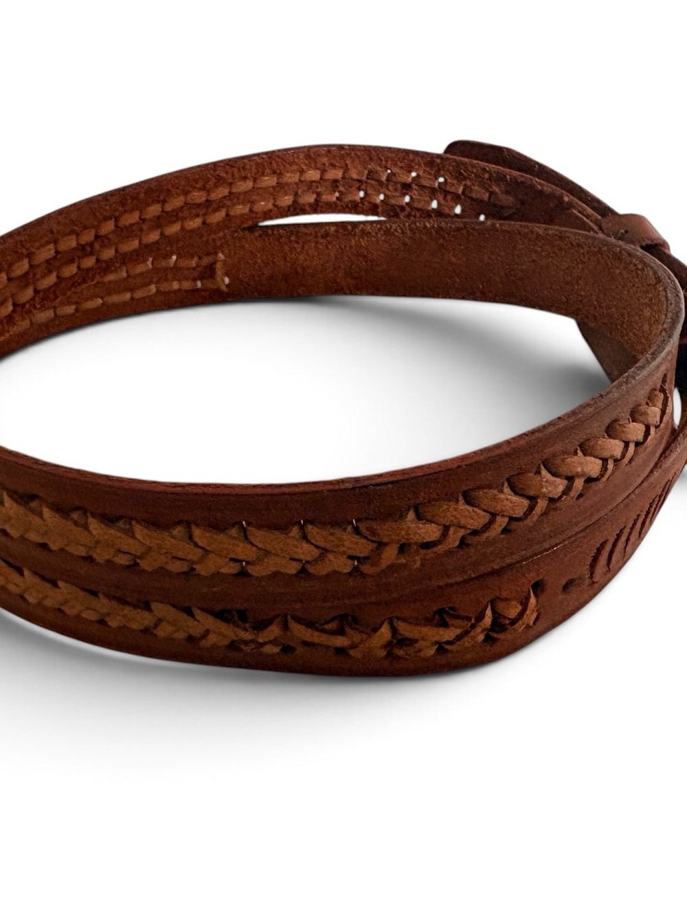 Vintage Genuine Leather Brown Belt - Embossed, Woven with Leather Cord- Size M - Picture 3 of 5